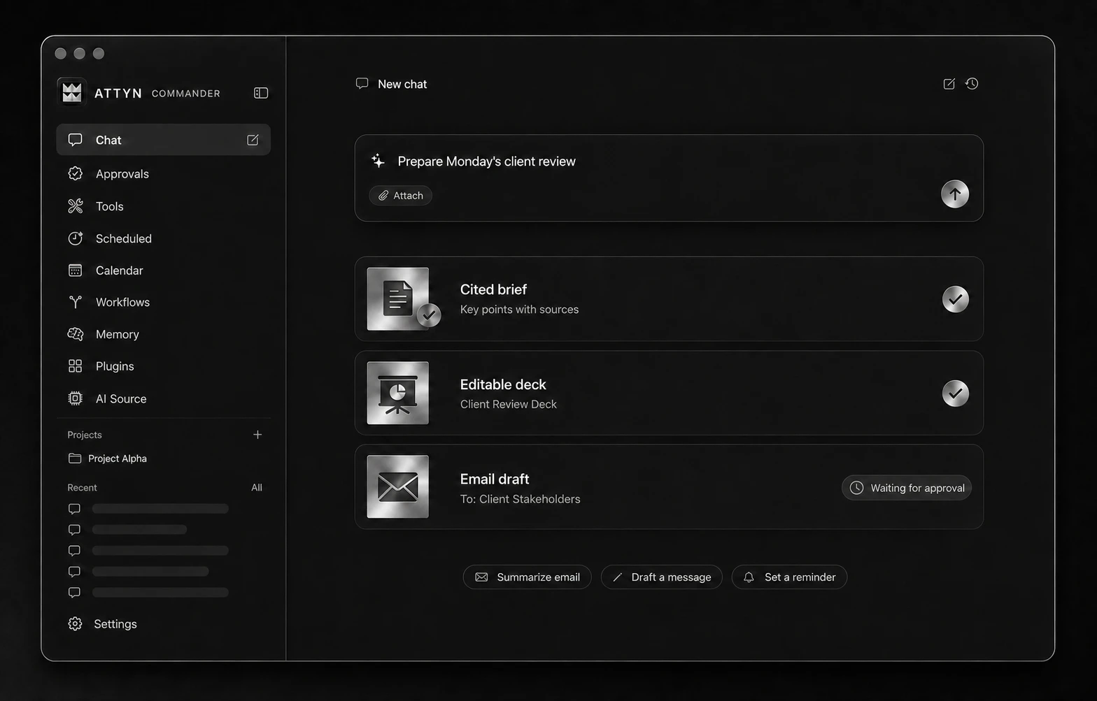 Privacy-safe Attyn Commander view with a cited brief, editable deck, and email draft held for approval