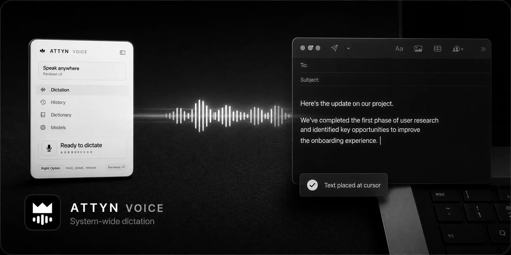 Attyn Voice turning speech into text at the cursor in a Mac app